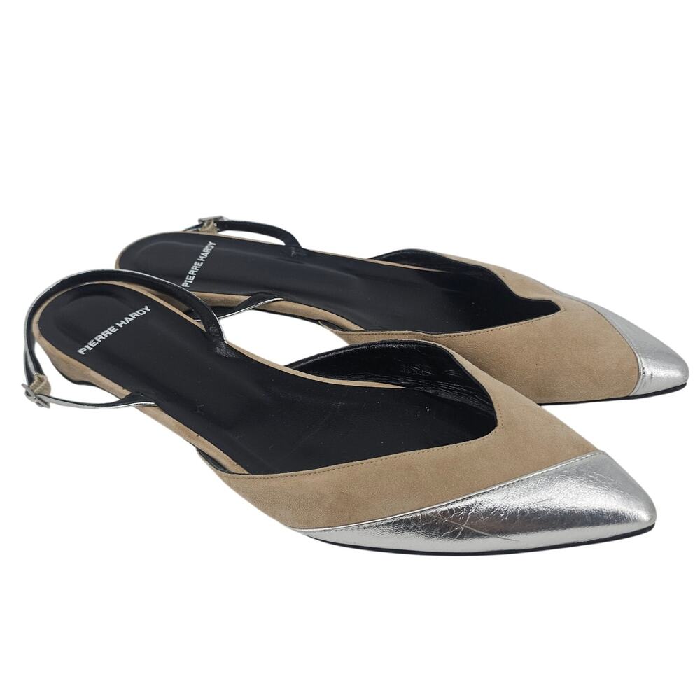 Pierre Hardy Tan Suede Silver Leather Pointed Slingback Flat Mule Shoe 40 9.5
